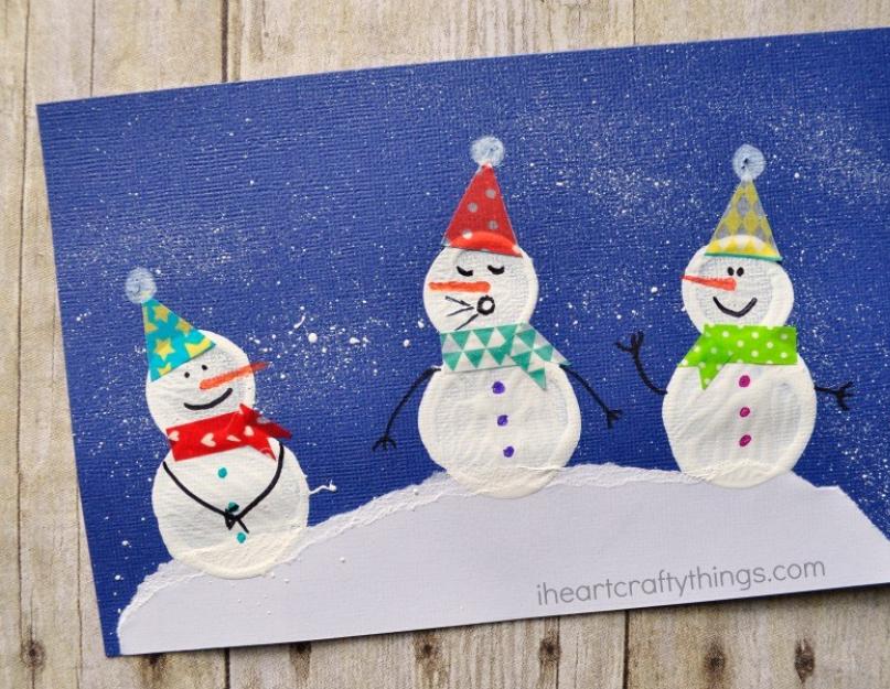 Объемная аппликация «Веселый снеговик. Снеговик из бумажных салфеток. Занятие кружка Больше десертов на Новый год