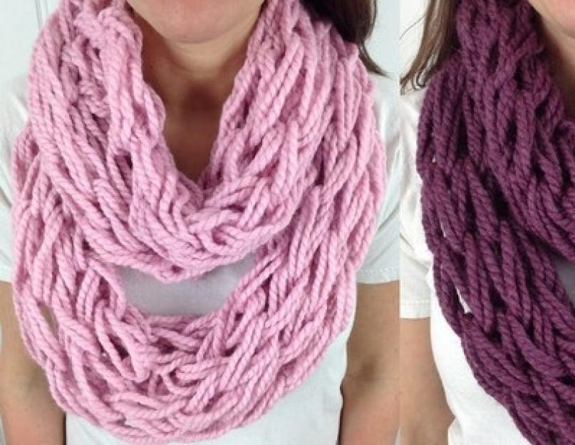 Как сделать шарф из ниток без спиц. Учимся вязанию на руках, пальцах и ленейке по видео урокам