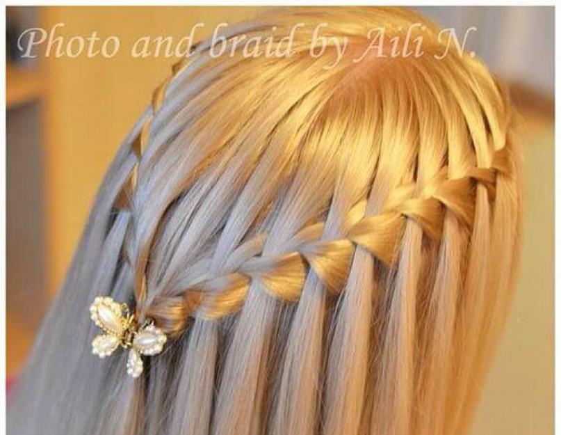 Waterfall braid hairstyle for medium hair.  Spit waterfall in all variants for everyday life and celebrations.  Waterfall hairstyle with curls